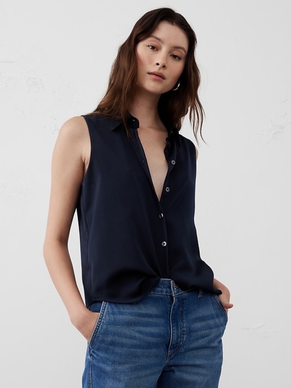 NWT Banana Republic Silky Collared Top XL navy